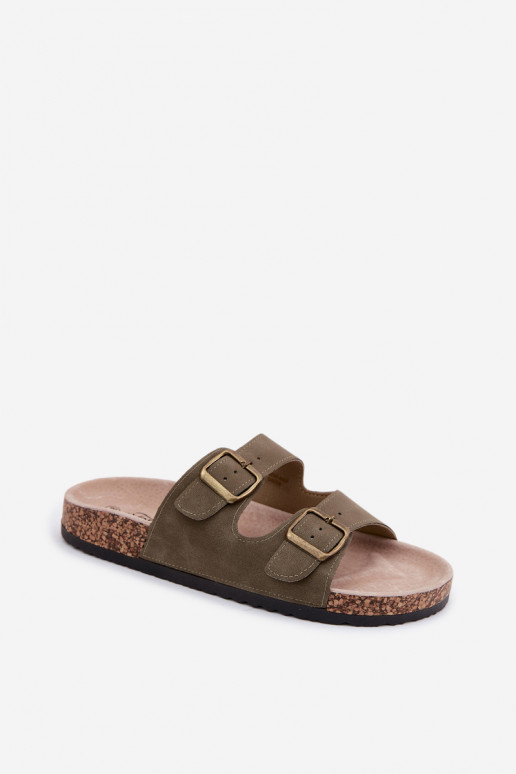 Khaki Damen-Slipper mit Schnallen auf Korksohle Harleen
