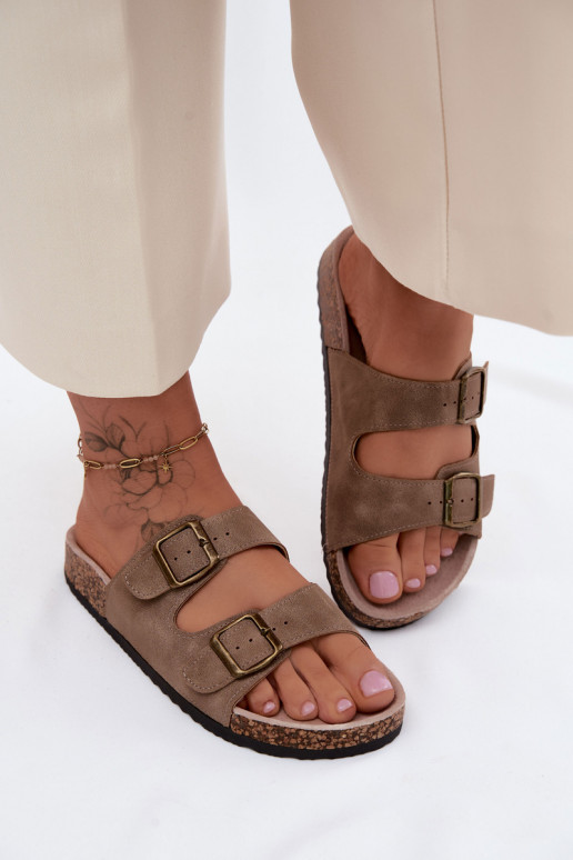 Damenhausschuhe mit Schnallen Auf einer Korksohle Khaki-Farbe Harleen