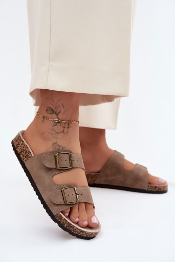 Khaki Damen-Slipper mit Schnallen auf Korksohle Harleen 2
