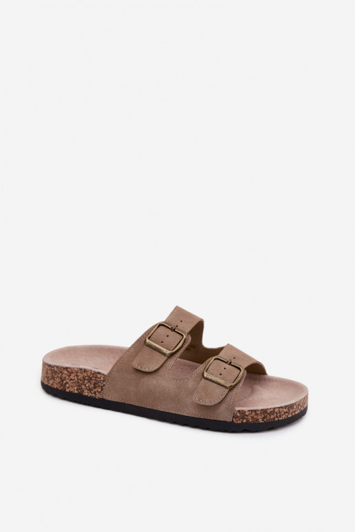 Khaki Damen-Slipper mit Schnallen auf Korksohle Harleen