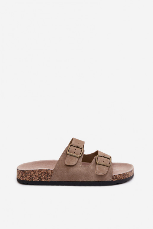Khaki Damen-Slipper mit Schnallen auf Korksohle Harleen