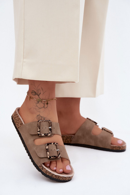 Damenhausschuhe Auf einer Korksohle mit Schnallen Schlangenmuster Beige Melia