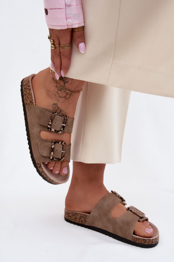 Sandfarbene Damen-Slipper mit Schnallen und Schlangenmustern auf Korksohle Melia 2