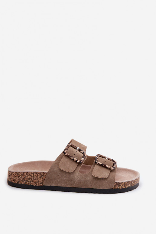 Sandfarbene Damen-Slipper mit Schnallen und Schlangenmustern auf Korksohle Melia