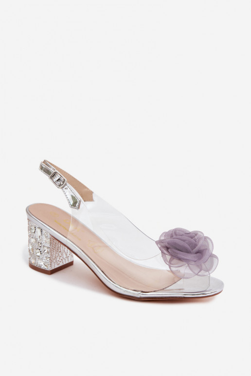 Silberne transparente Sandalen mit Absätzen und funkelnden Nieten D&A