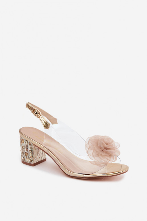 Goldene transparente Sandalen mit Absätzen und funkelnden Nieten D&A