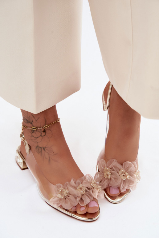 Transparente Sandalen mit funkelnden Steinen und Netzblumenmotiven D&A MR61-9006 gold