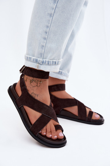 Flache Sandalen aus natürlichem Wildleder D&A CR61-3049 schokoladenbraun 2