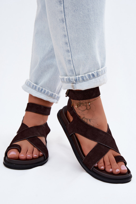 Flache Sandalen aus natürlichem Wildleder D&A CR61-3049 schokoladenbraun