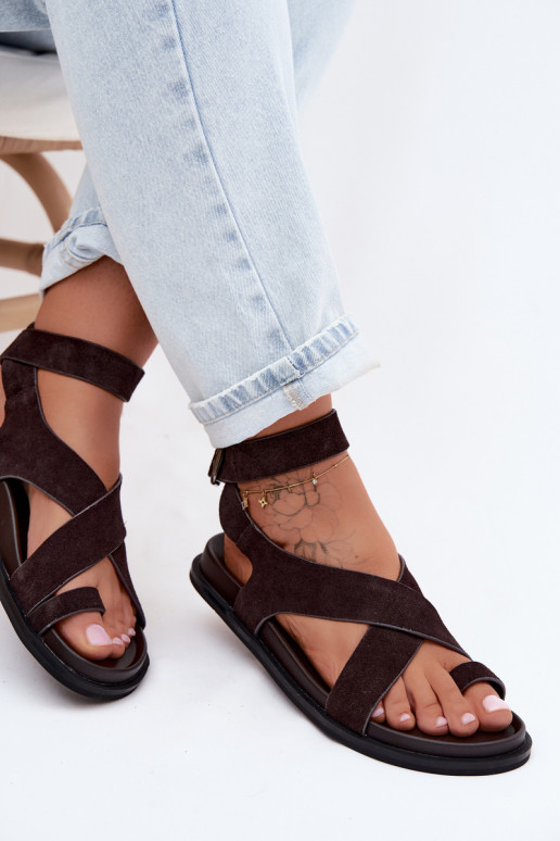 Flache Sandalen aus natürlichem Wildleder D&A CR61-3049 schokoladenbraun