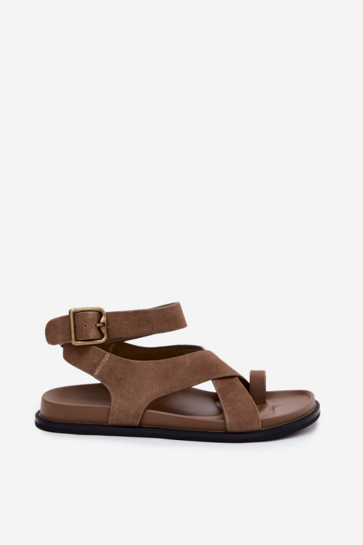 Flache Sandalen aus sandfarbenem Kunstveloursleder