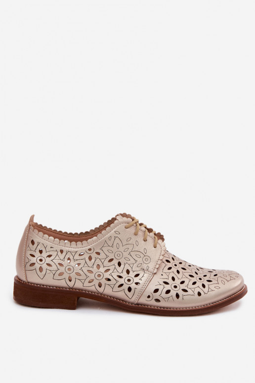 Leder-Schuhe mit Spitzen-Elementen und breiten Absätzen in Gold