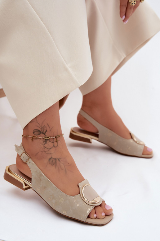 Damensandalen mit breiten Absätzen mit Ornamenten goldene Farbe Glima