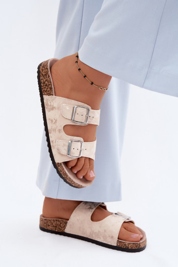 Feminin Hausschuhe Auf Korek mit Schnallen Beige-goldene Farbe Vivio