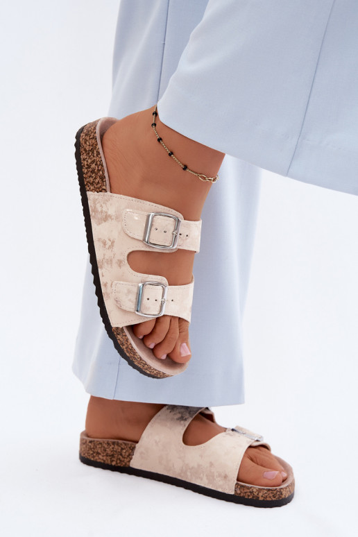 Feminin Hausschuhe Auf Korek mit Schnallen Beige-goldene Farbe Vivio