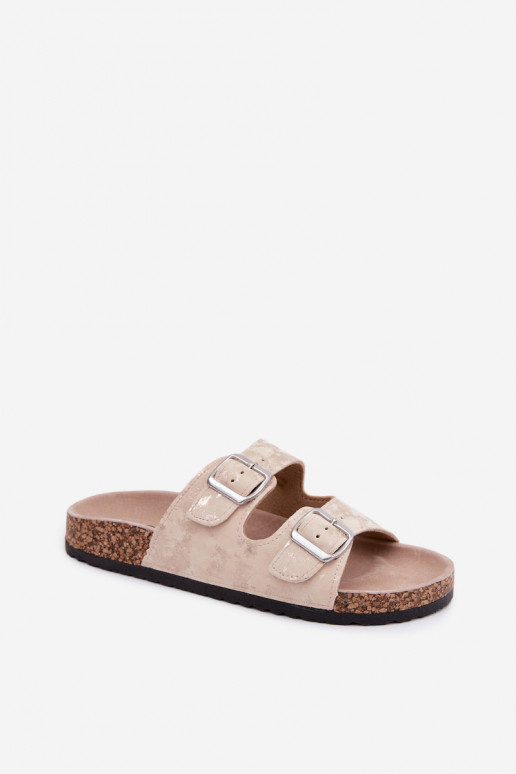 Damen-Slipper auf Kork mit Schnallen in Sand- und Goldfarbe Vivio