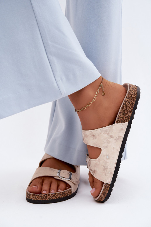Damen-Slipper auf Kork mit Schnallen in Sand- und Goldfarbe Vivio