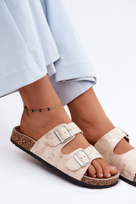 Damen-Slipper auf Kork mit Schnallen in Sand- und Goldfarbe Vivio