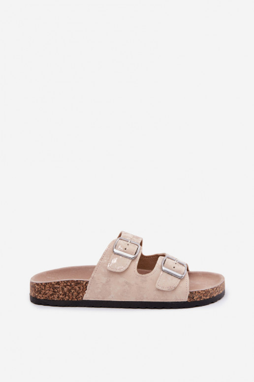 Damen-Slipper auf Kork mit Schnallen in Sand- und Goldfarbe Vivio