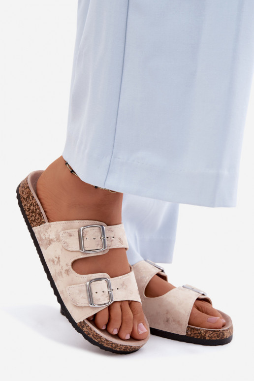 Feminin Hausschuhe Auf Korek mit Schnallen Beige-goldene Farbe Vivio