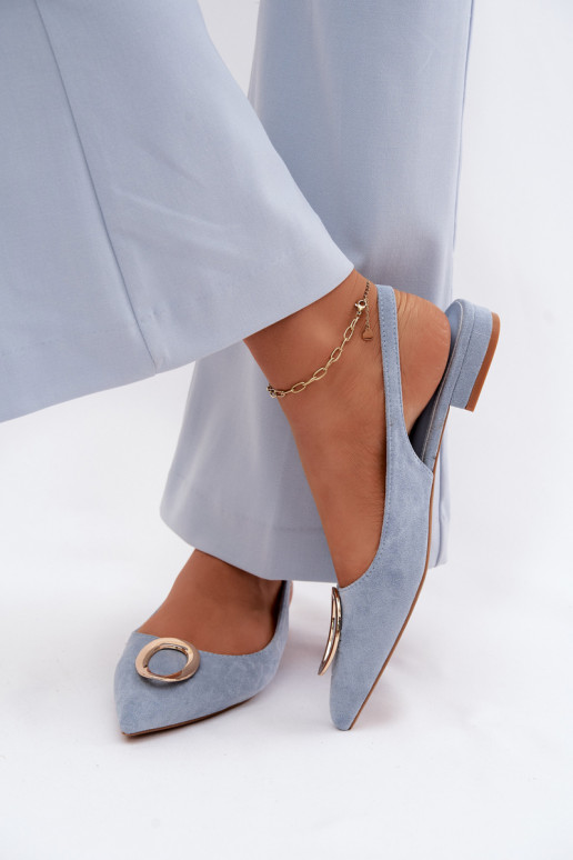 Damensandalen mit breiten Absätzen mit Ornamenten blaue Farbe Sparkle