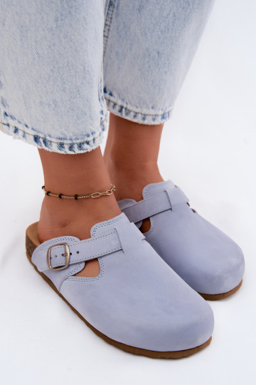 Leder Mule Pantoletten mit Schnallen in hellblauer Farbe von Zazoo