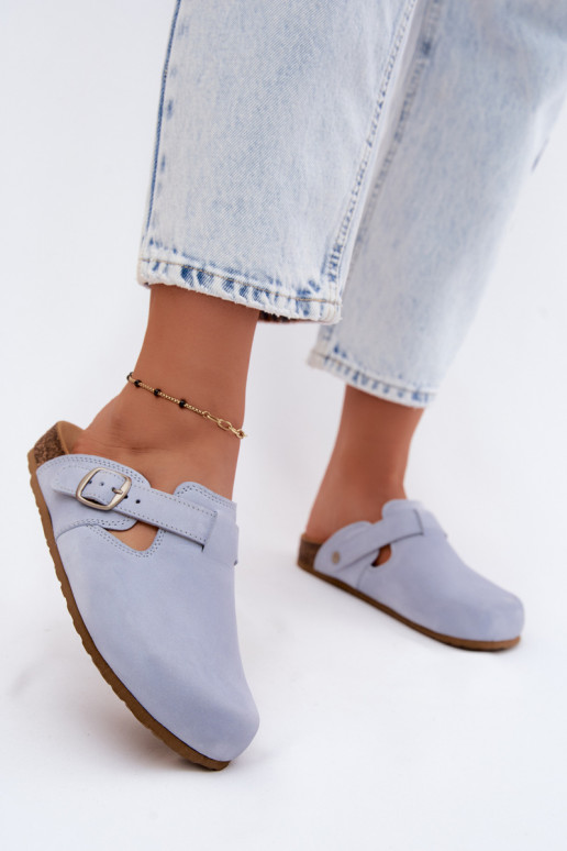 Leder Mule Pantoletten mit Schnallen in hellblauer Farbe von Zazoo
