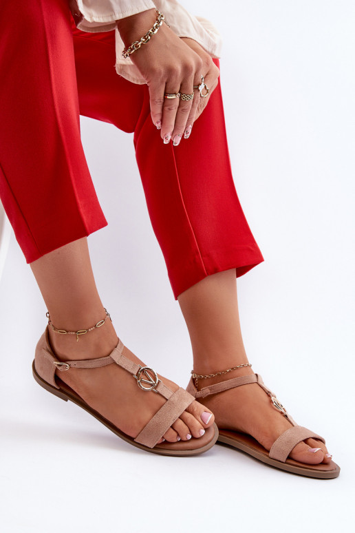 Flache Sandalen für Damen mit goldenen Details Vinceza 17321 Beige