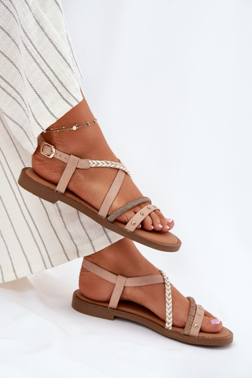 Flache Sandalen mit Riemen in Elfenbein Vinceza 17379