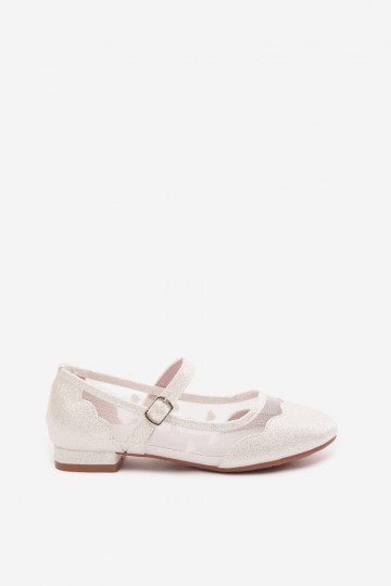 Glänzende Kinder-Ballerinas mit Netz und Herzen in Weiß Binky 2