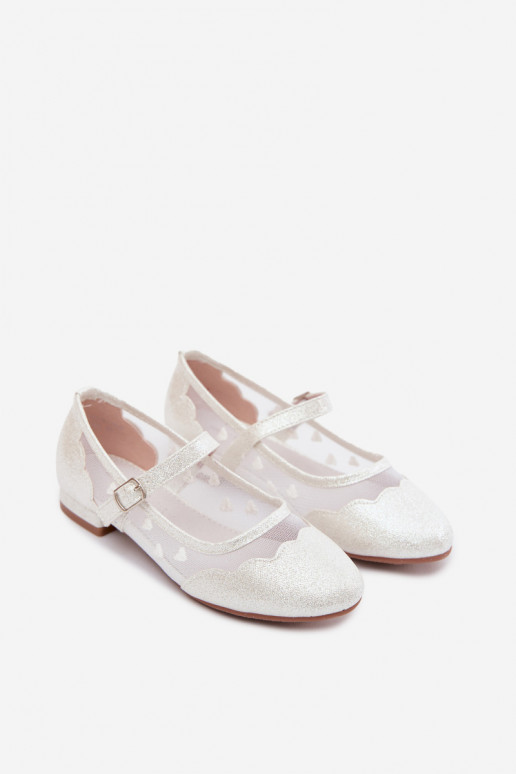 Glänzende Kinder-Ballerinas mit Netz und Herzen in Weiß Binky