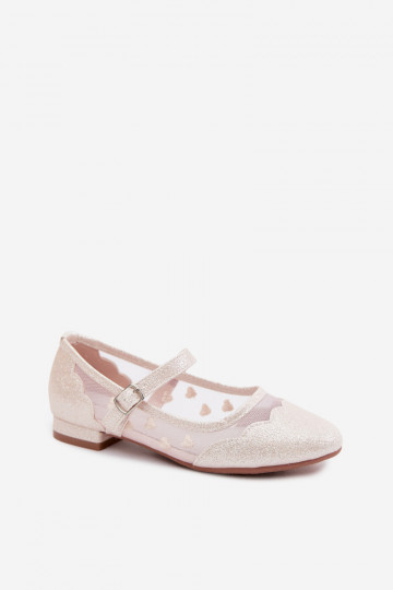 Glänzende Kinder-Ballerinas mit Netz und Herzen in Sandfarbe Binky