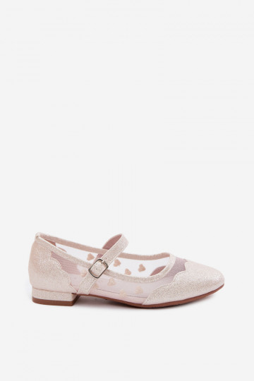 Glänzende Kinder-Ballerinas mit Netz und Herzen in Sandfarbe Binky 2