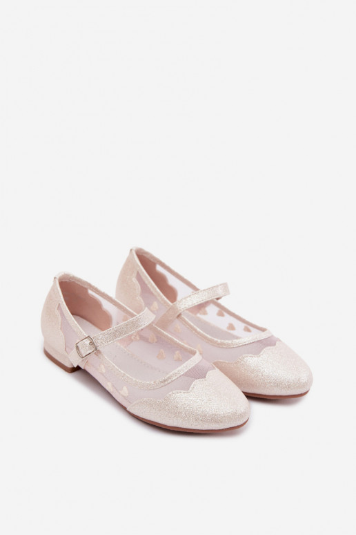 Glänzende Kinder-Ballerinas mit Netz und Herzen in Sandfarbe Binky