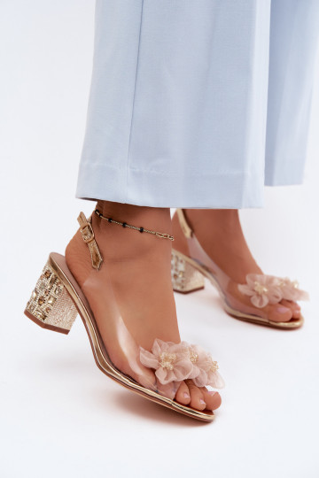Durchschauen Sandalen mit Absätzen mit leuchtenden Augen I mit floralen Motivenkami D&A MR61-9009 goldene Farbe