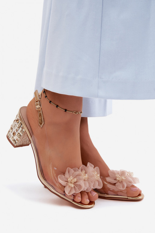 Durchschauen Sandalen mit Absätzen mit leuchtenden Augen I mit floralen Motivenkami D&A MR61-9009 goldene Farbe