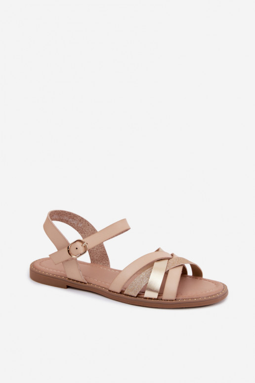 Flache Sandalen für Damenmit GlanzoZuym Streifenem Beige Haden