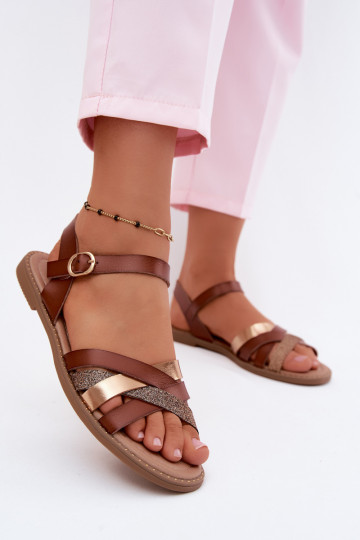 Flache Damensandalen mit Glanz und Riemen in Braun Haden 2