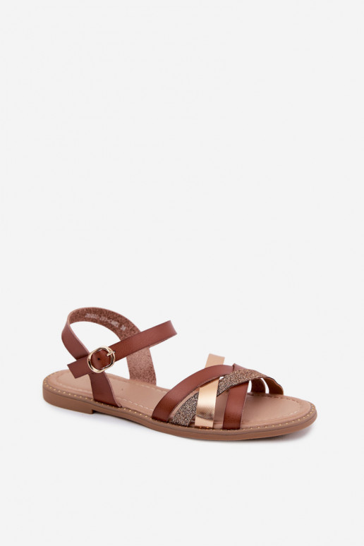Flache Sandalen für Damenmit GlanzoZuym Streifenem braune Farbe Haden