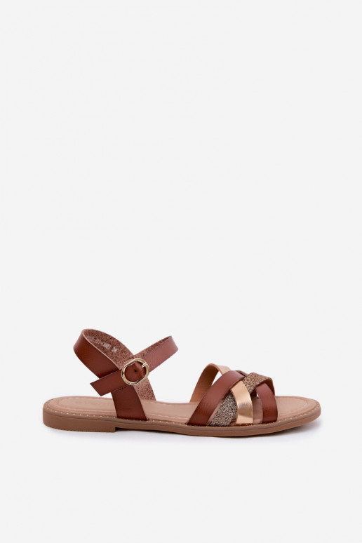 Flache Sandalen für Damenmit GlanzoZuym Streifenem braune Farbe Haden