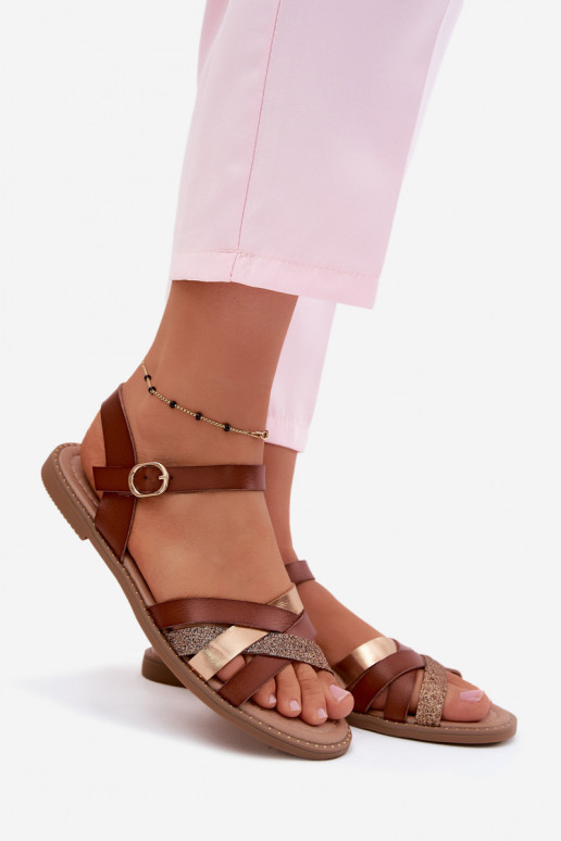 Flache Sandalen für Damenmit GlanzoZuym Streifenem braune Farbe Haden