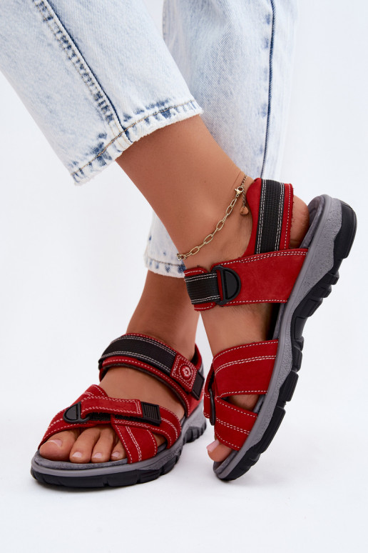 Damen-Sandalen aus Kunstveloursleder mit Klettverschlüssen in roter Farbe Blingy