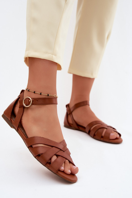 Flache Sandalen für Damen mit Streifen Eko Haut braune Farbe Lagos