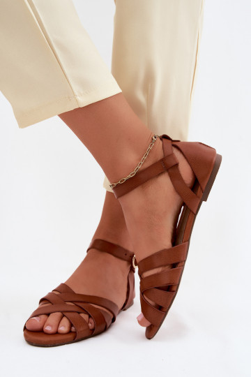 Flache Sandalen für Damen mit Streifen Eko Haut braune Farbe Lagos 2