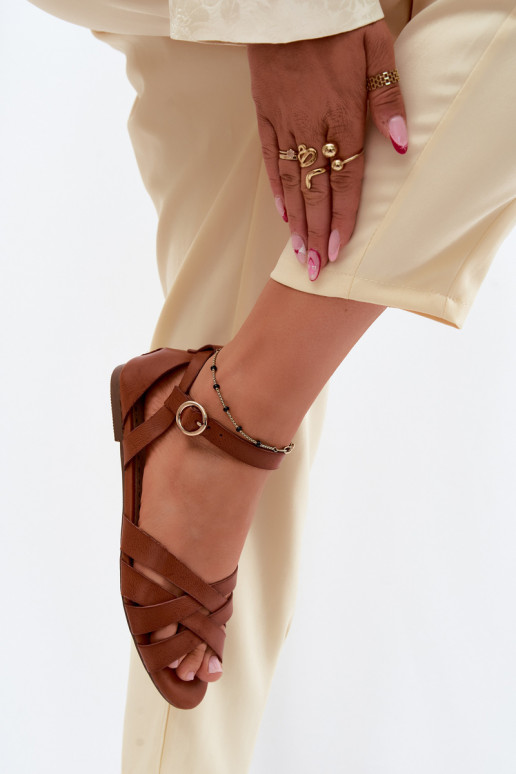 Flache Sandalen für Damen mit Streifen Eko Haut braune Farbe Lagos