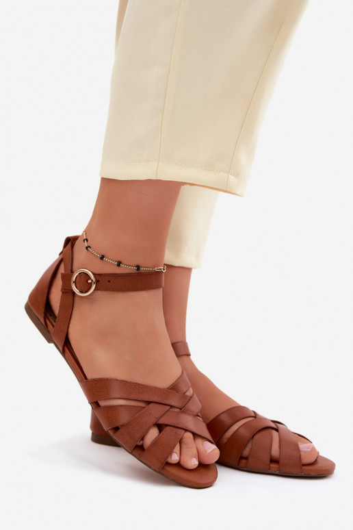 Flache Sandalen für Damen mit Streifen Eko Haut braune Farbe Lagos