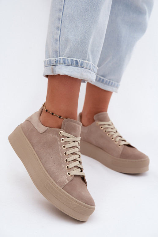 Haut aus INildleder Sneakers Stilvollllschuhe Feminin mit einer Plattform Zazoo N408S7 Beige
