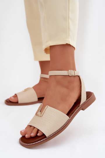 Flache Sandalen für Damen mit goldenen Details in Sandfarbe Vinceza 73505 2