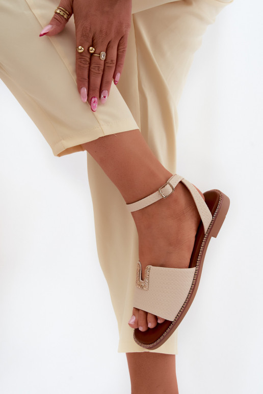 Flache Sandalen für Damen Ze goldene Farbem Detalem Vinceza 73505 Beige