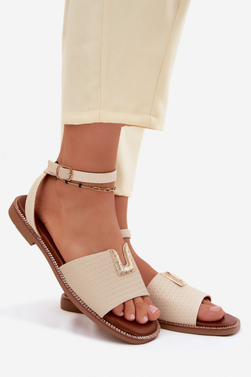 Flache Sandalen für Damen Ze goldene Farbem Detalem Vinceza 73505 Beige